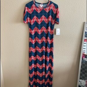 LuLaRoe Maria Maxi Dress Women’s XS Red White Blue 4th of July Boho Zigzag.